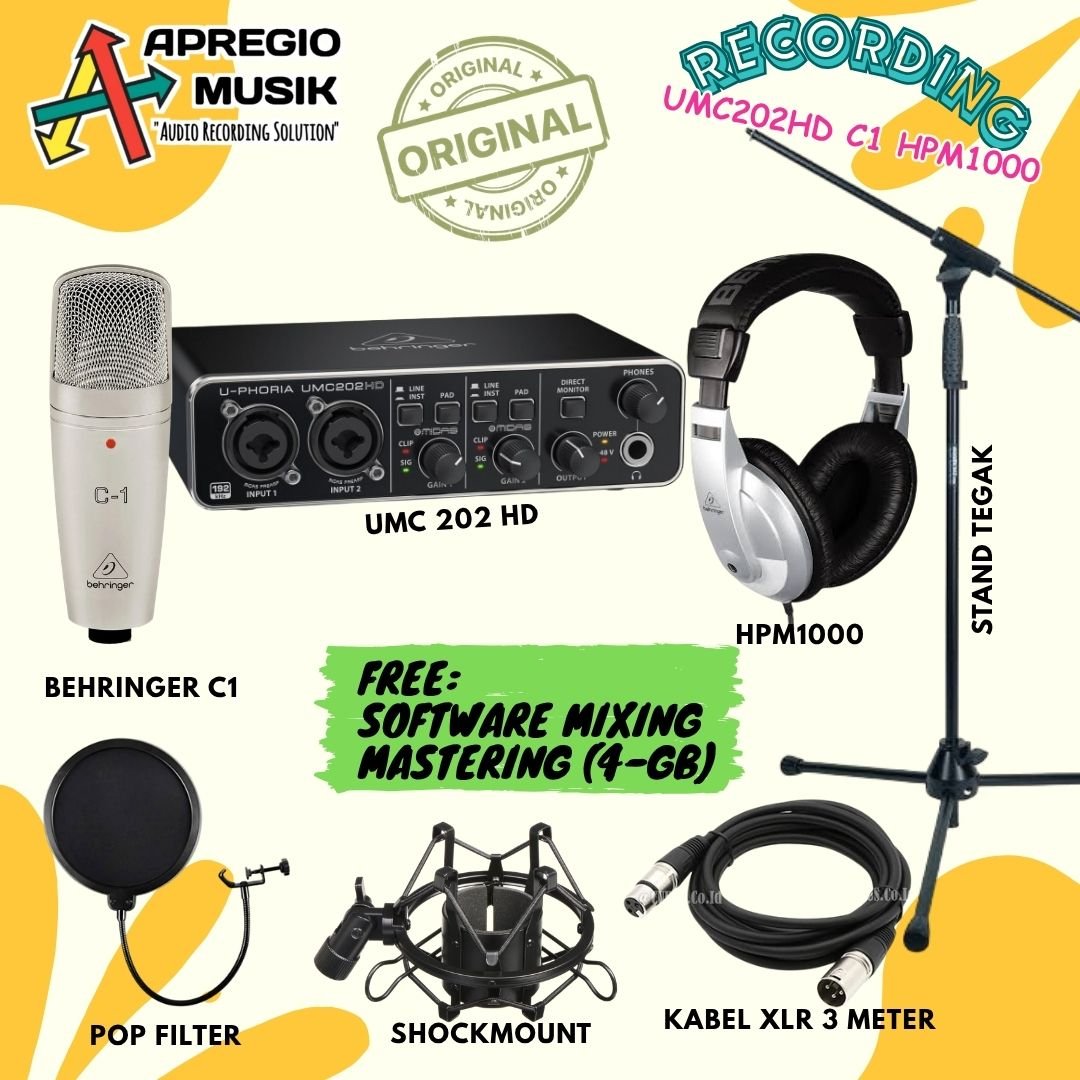 Paket Recording Soundcard Behringer UMC202HD C1 HPM1000 lengkap stand mic pop filter shockmount XLR 