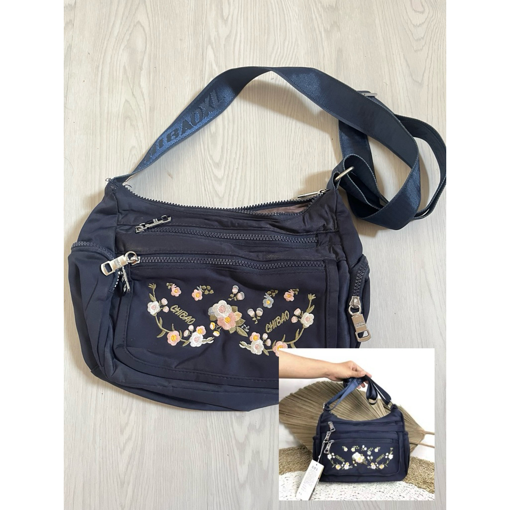 preloved tas navy chibao slimbag bordir bunga
