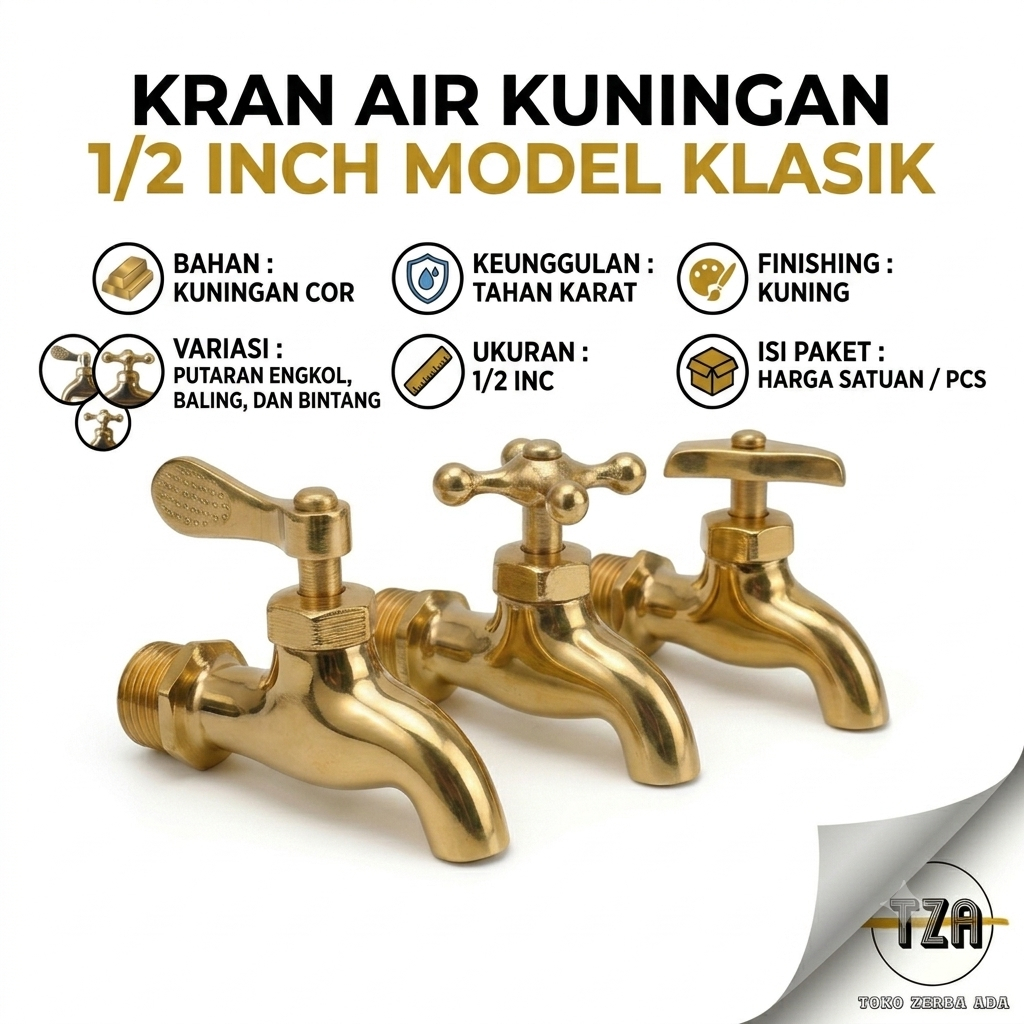 Kran Air Kuningan 1/2 inch Model Klasik Warna Kuning 1 Pcs