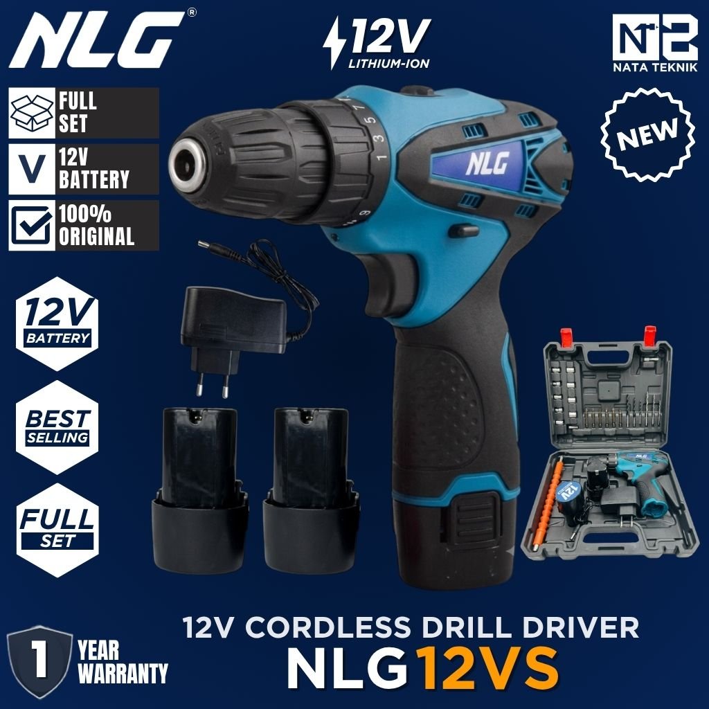NLG 12VS Mesin Bor Baterai 12V Cordless Drill Driver 12 Volt + Box Set Mata Bor NLG 12 VS