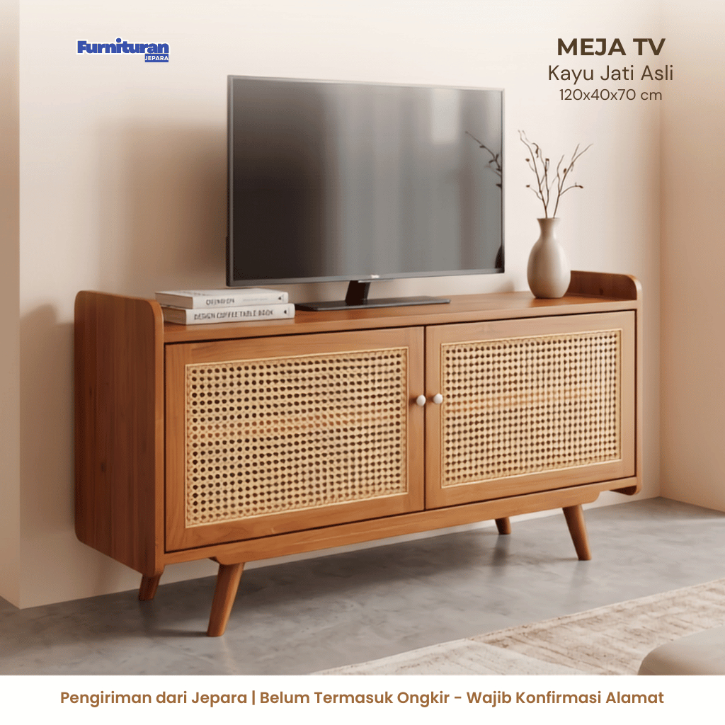 Meja TV Minimalis Rotan Kayu Jati 120cm