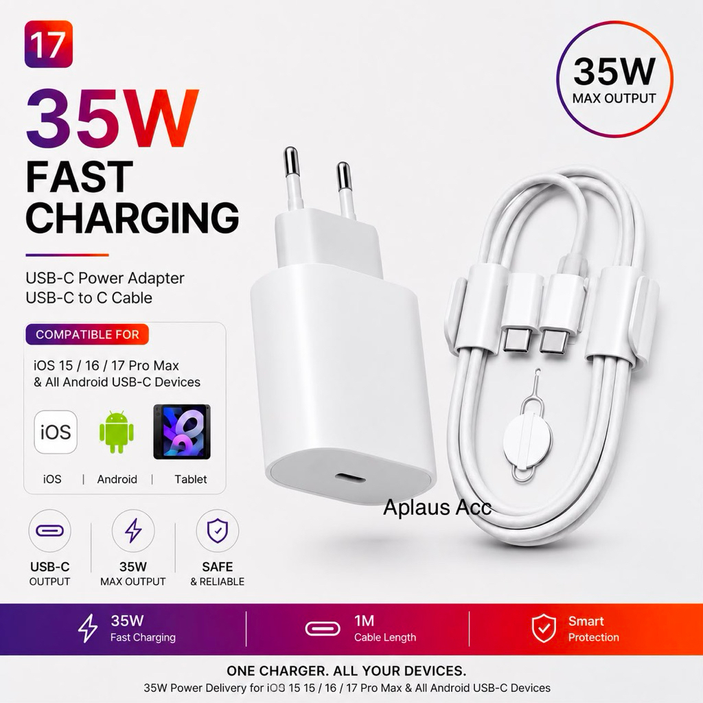 Charger Ori 35W Fast Charging USB C To C Universal For Iphone 15 / 16 / 17 Pro Max dan Android Type C