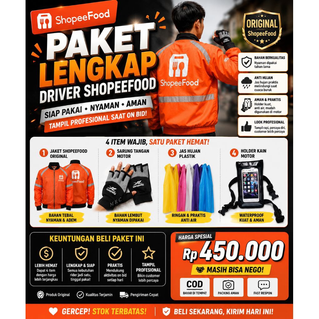 Paket Driver ShopeeFood Original Lengkap | Jaket ShopeeFood Original + Sarung Tangan Motor + Jas Huj