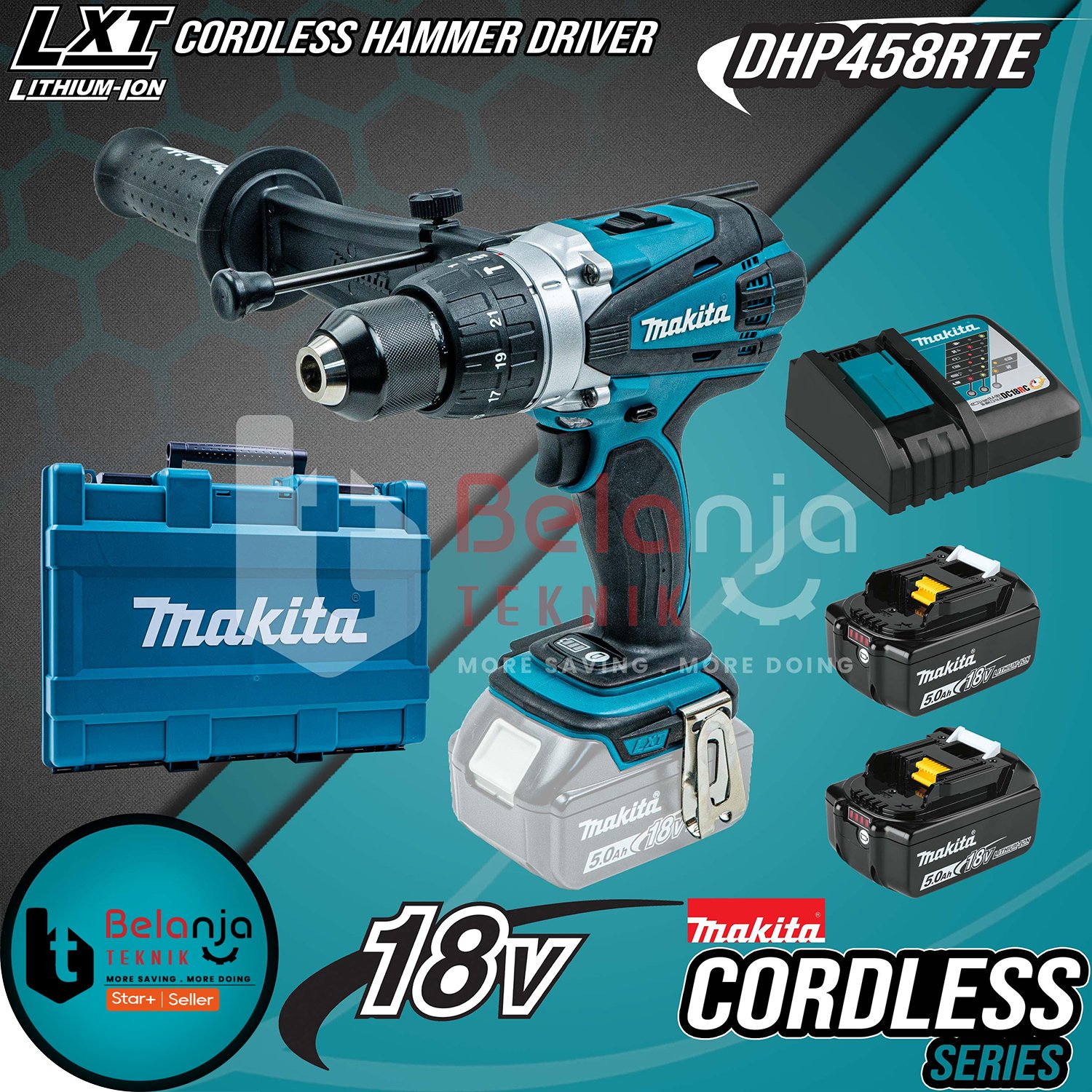 Makita Mesin Bor Cordless DHP 458 RTE 18 Volt Hammer Driver DHP458RTE