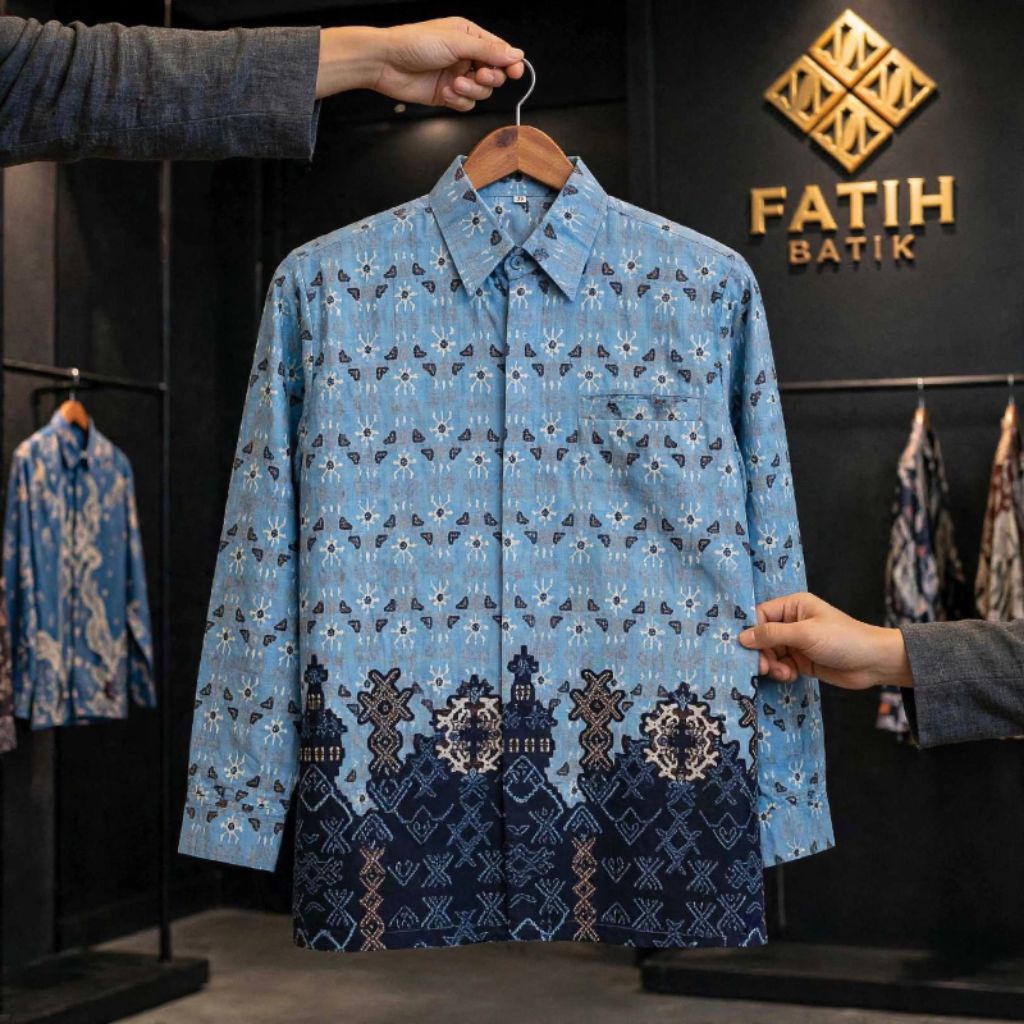 Batik Pria Lengan Panjang Baby Blue Bahan Katun Prima Reguler - Seragam Batik Pria Kantor Dan Pesta 