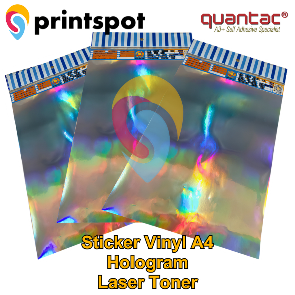 Quantac Sticker Vinyl Hologram Digital Print Laser Toner Stiker Silver Rainbow Pelangi Stiker Label 