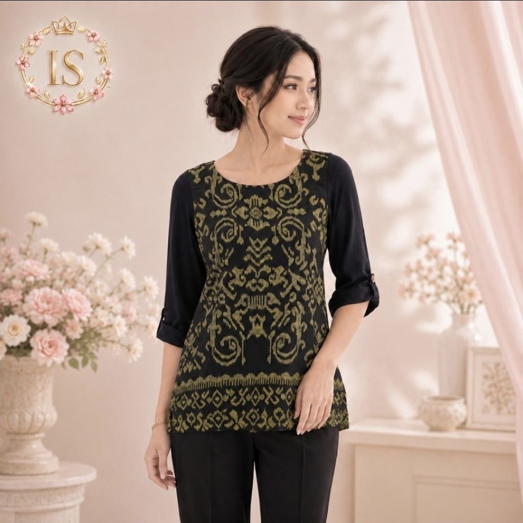 Blouse Batik Wanita Motif Etnik Hitam Olive | Atasan Premium Elegan|Batik Kultur by Dea Valencia Ori