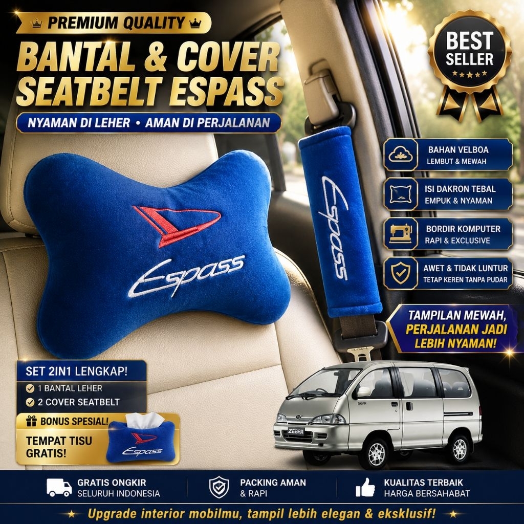 Bantal Mobil Espass + Cover Seatbelt Bordir Komputer | Bahan Velboa Premium Isi Dakron Tebal | Custo