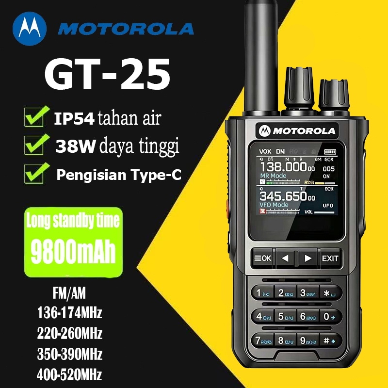 Motorola GT-25 Radio Komunikasi IP54 38W 199 Channel 9800mAh Type-C FM/AM 136-520MHZ Hitam 1-10KM