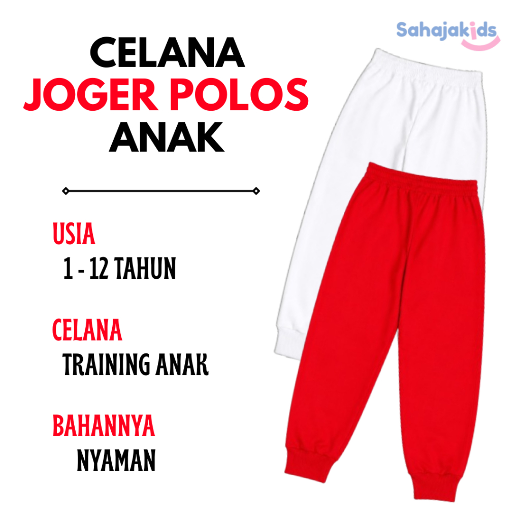 Celana Joger Anak Celana Jogger Polos Anak 1-12 Tahun Training Nyaman Putih Merah Celana Harian Polo
