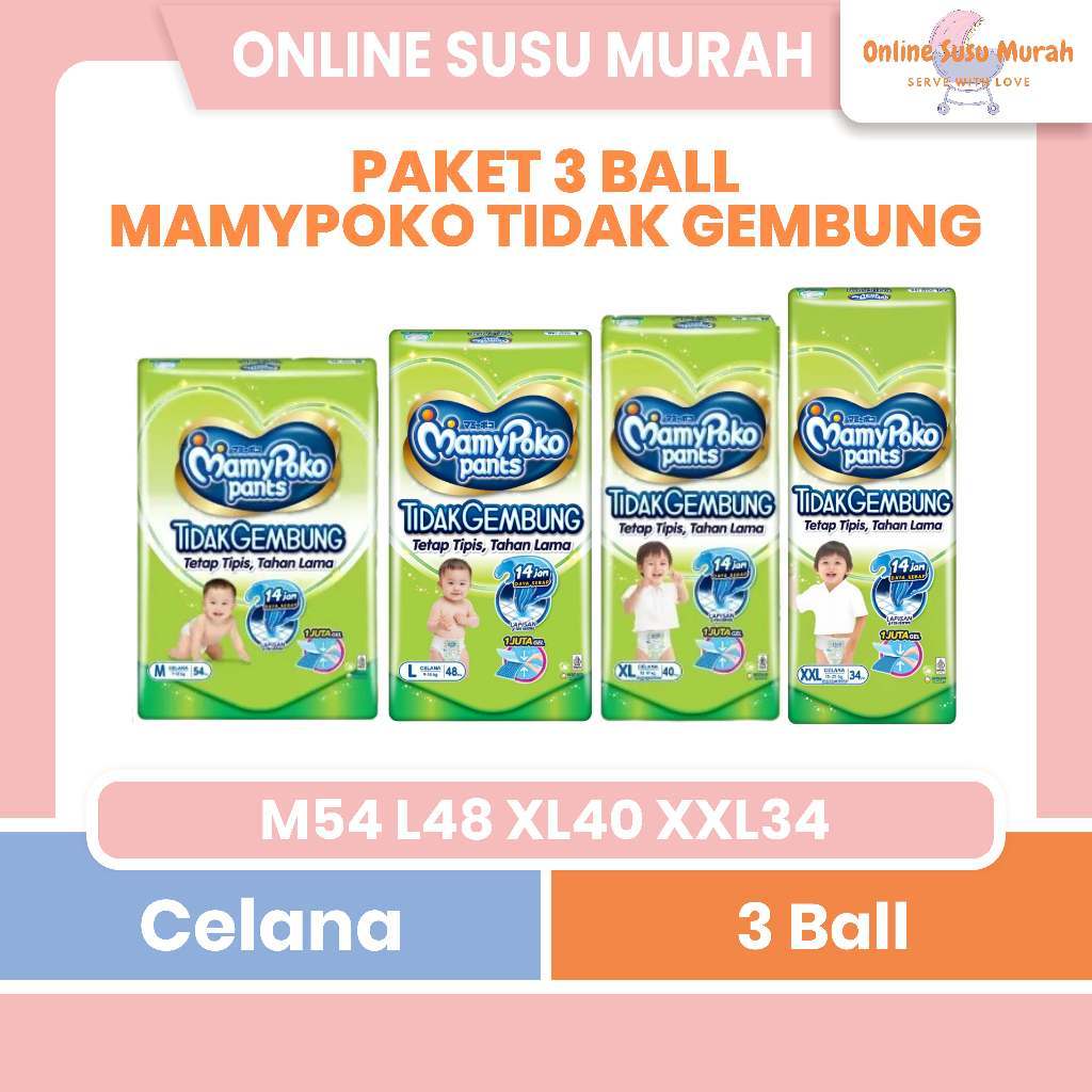 MAMYPOKO PANTS PAKET 3 BALL TIDAK GEMBUNG SLIM M54 L48 XL40 POPOK CELANA SLIM S 54 L 48 XL 40 PPKS
