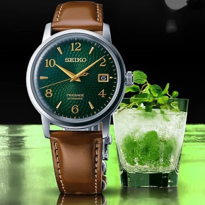 Jam Tangan Pria Seiko Presage Automatic Tali Kulit Cokelat Dial Hijau Emas Elegan