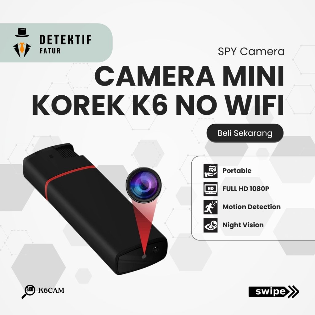 K6CAM Spy Camera Korek K6 Kamera Mini Full HD 1080P No WiFi Perekam Video Portable Support Micro SD