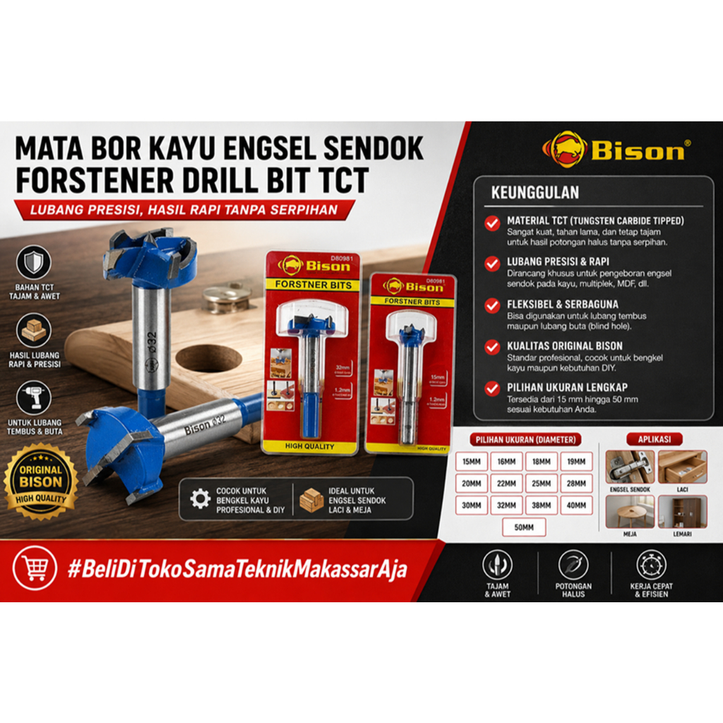 Mata Bor Kayu Engsel Sendok BISON TCT - Forstner Drill Bit 15mm - 50mm Original