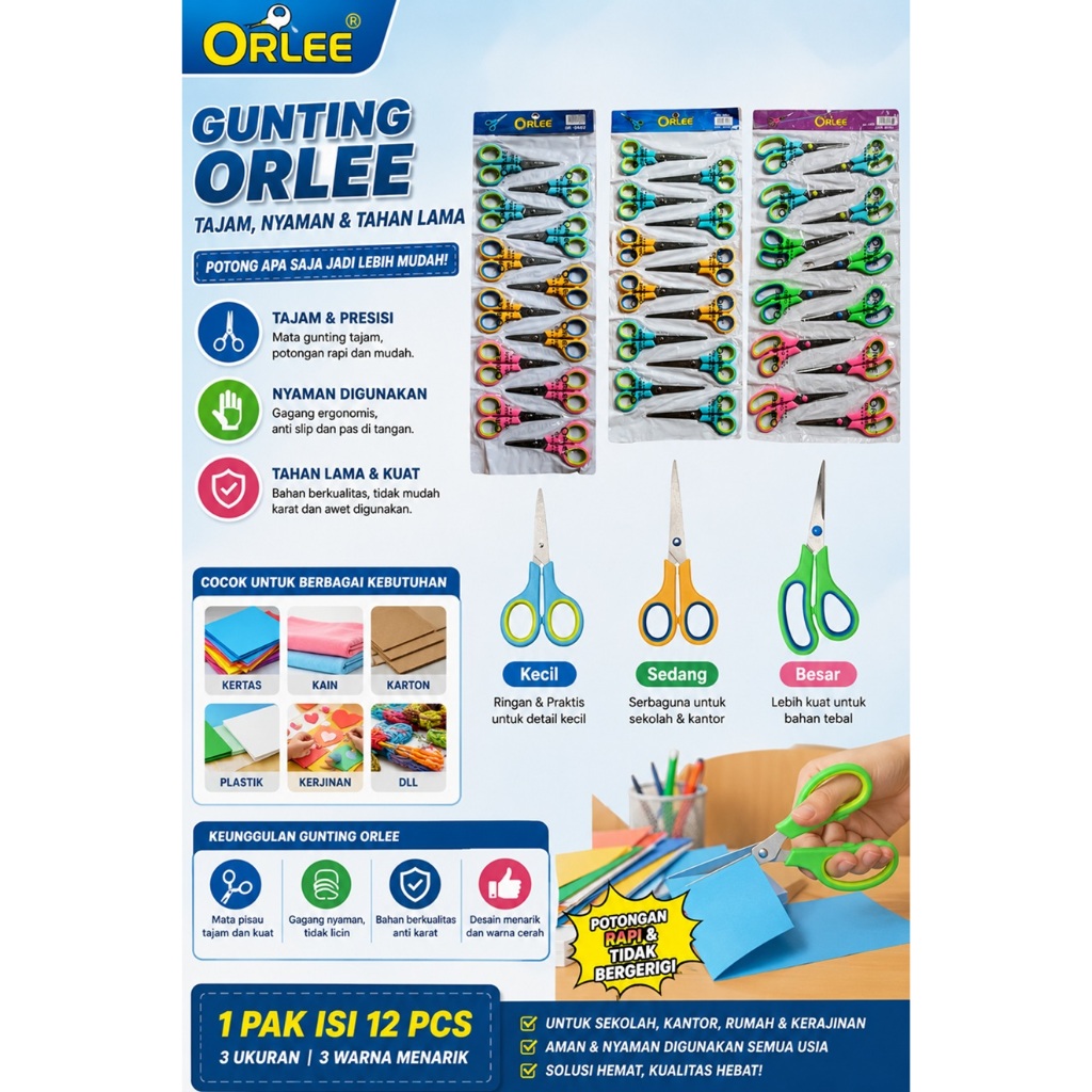 ISI 12 PCS 1 RENTENG RENCENG GUNTING Kecil Saku Sedang Tanggung Besar Jumbo ORLEE OR-G850 OR-G602 OR-G402 Gunting Potong Kantor Sekolah Kertas Stainless Steel Serbaguna Alat Tulis Kantor ATK Murah Tajam G402 G602 G850 1 Lusin per renteng Awet anti karat