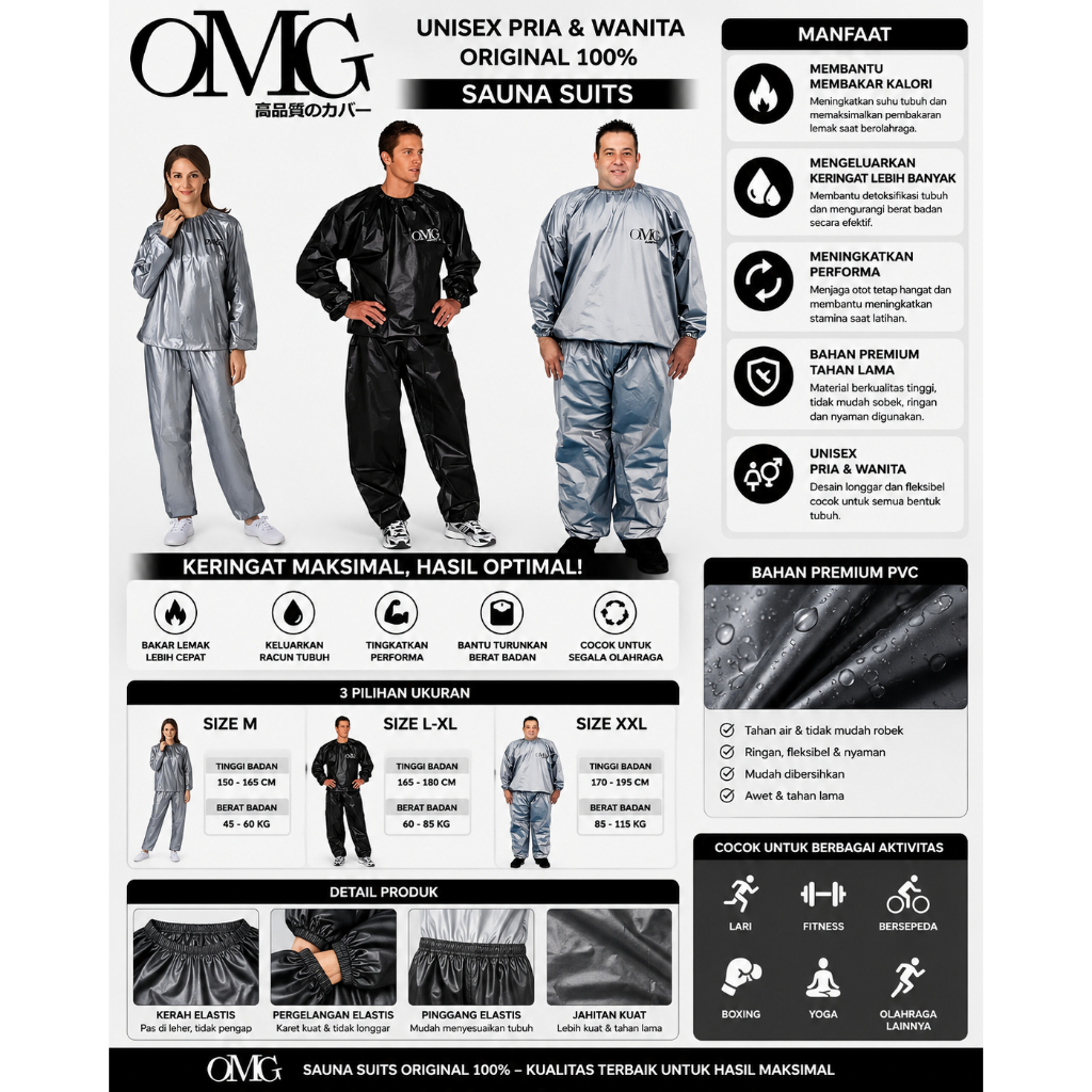 Baju Sauna Suit OMG Best Quality  Jaket Celana Olah Raga Pria Wanita Best Quality