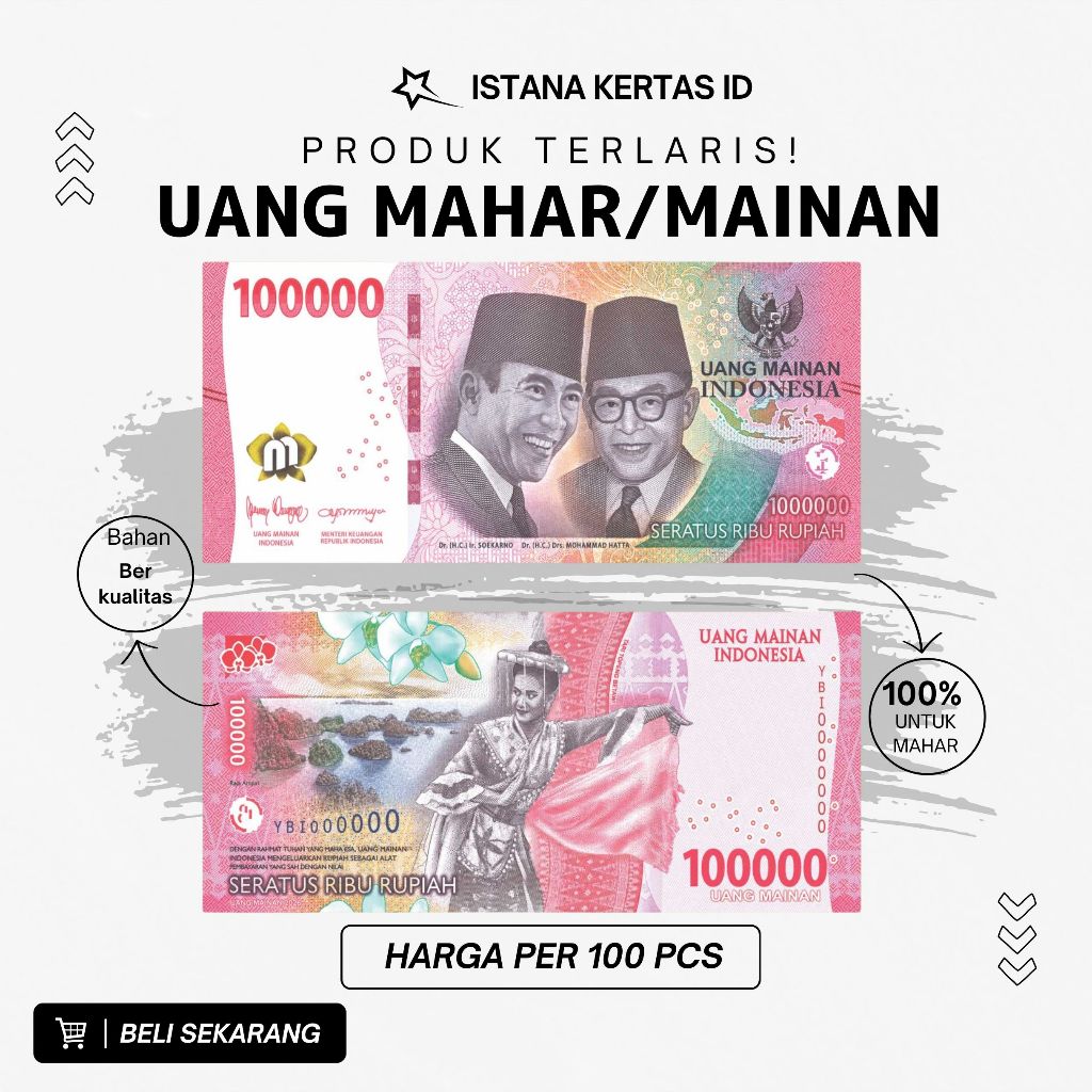 100 lembar Mainan Uang Seri Baru Uang Karakter uang mahar uang buket uang mainan 100rb 50rb 20rb 10r