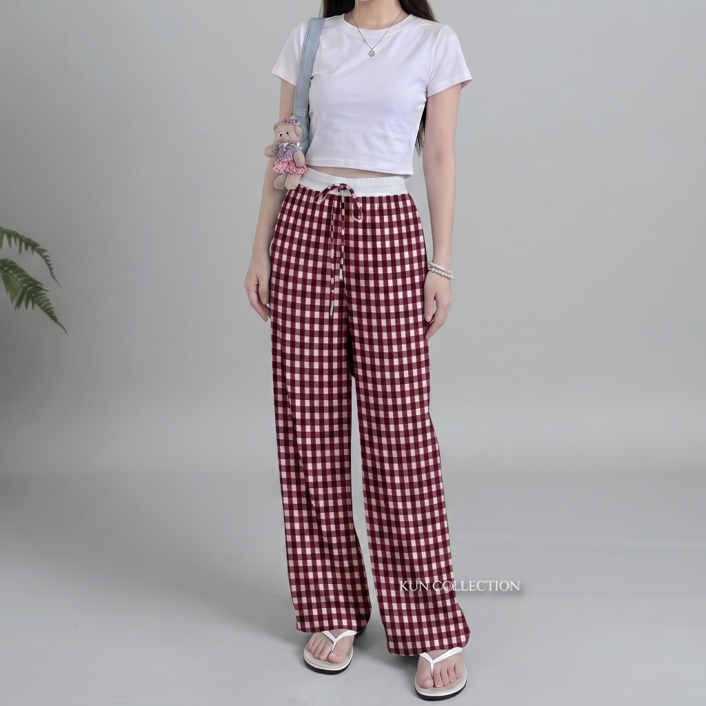 Celana Panjang Kotak-Kotak Gingham Kekinian  Korean Style