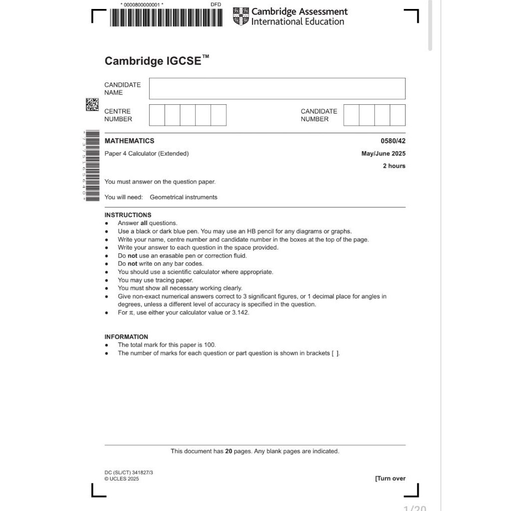 HARDCOPY IGCSE MATHEMATICS Cambridge past paper test IGCSE 2025