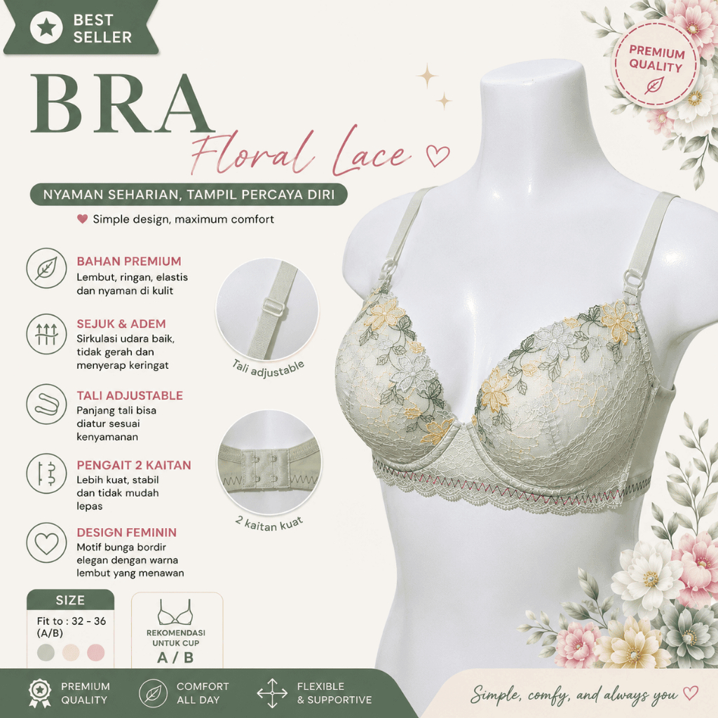 BRA FLORAL LACE HIJAU WACOAL SIZE 34B 36B 38C 38D