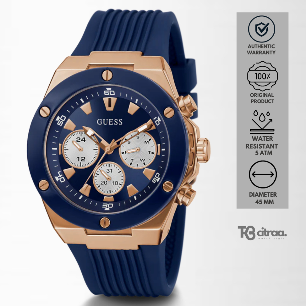 Jam Tangan Pria Guess Poseidon Chronograph Navy Blue Rubber Casual Sporty Original GW0057G2