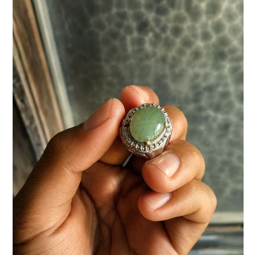 Natural Giok Myanmar Cincin Giok Asli Lawasan Ukuran Ring 7, Dim Batu 13*10
