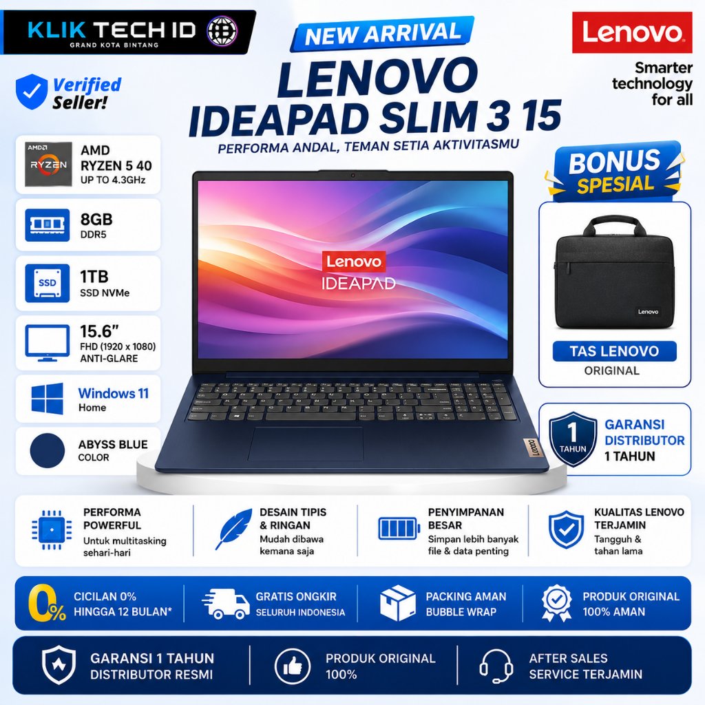 Lenovo Ideapad 3 Slim 15 Amd Ryzen 5 40 Ram 16GB DDR5 1TB SSD FHD IPS Win11 Original