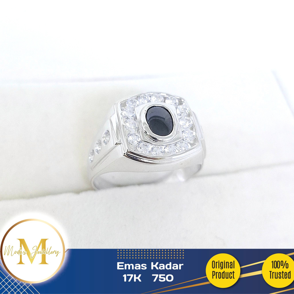 MODIS JEWELLERY - Cincin Pria Batu Hitam Oval Diamond Looks Putih - Emas 17k 750