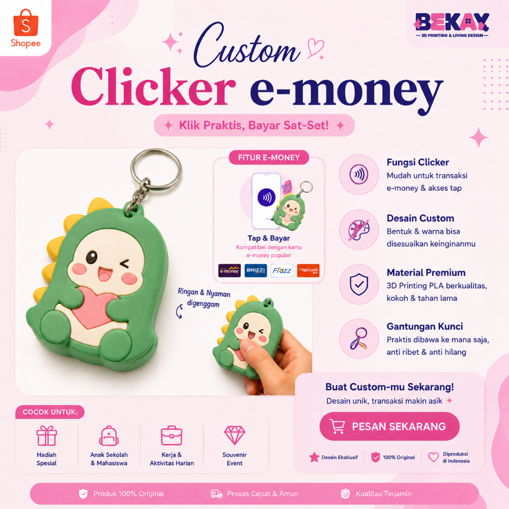 Custom Clicker E-Money Karakter Lucu, Gantungan Kunci, Transaksi Praktis, 3D Printing