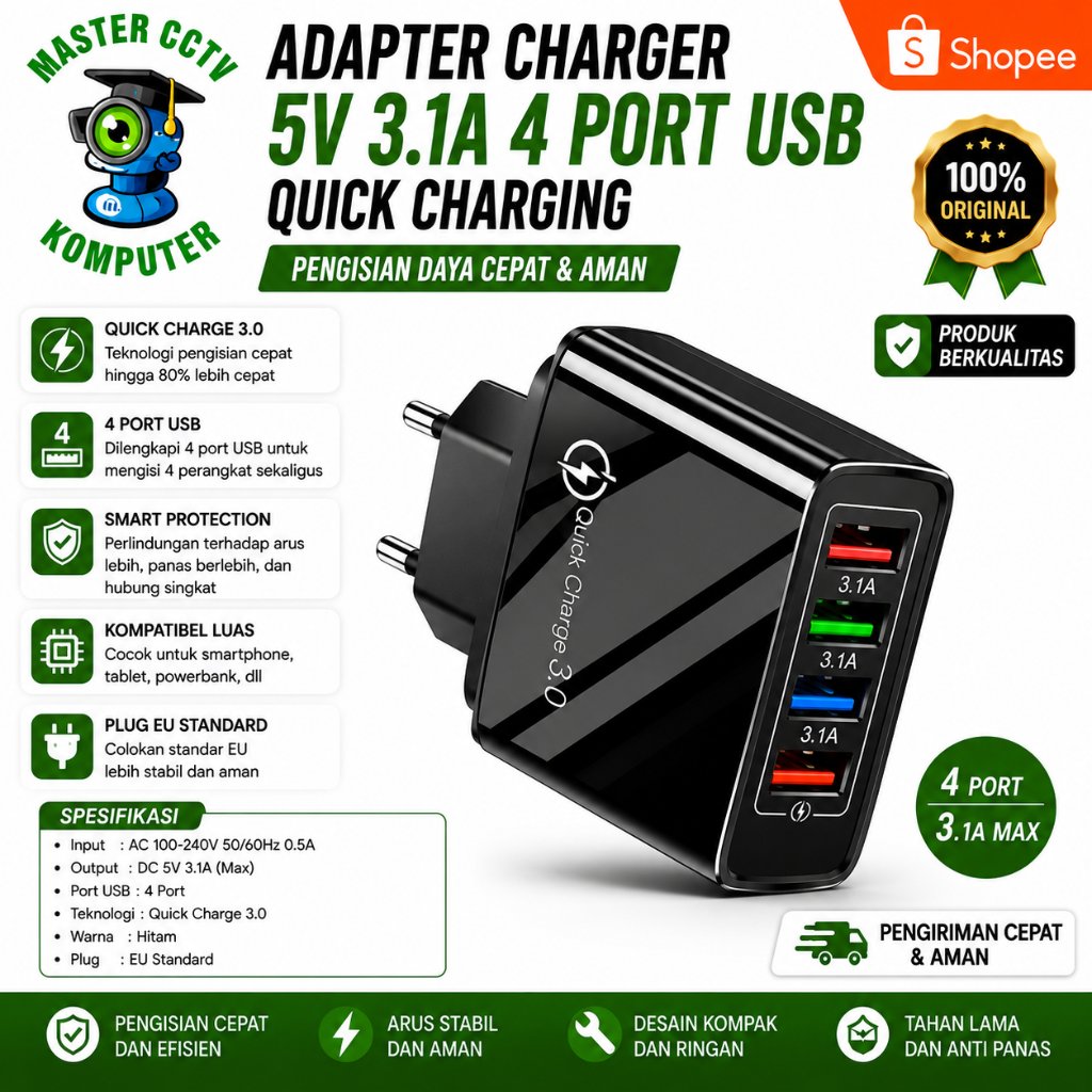 Adapter Charger 5V 3.1A 4 Port USB Quick Charge Fast Charging Pengisi Daya -HITAM