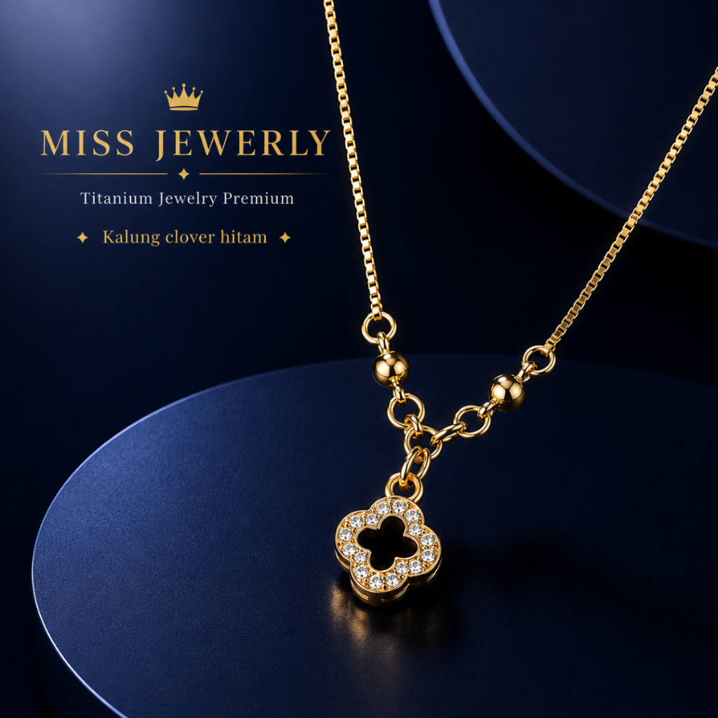 Miss Jewerly Kalung Liontin Clover border permataTitanium Emas Hitam Motif 4 Daun Elegan