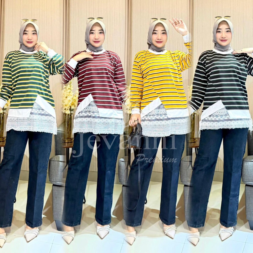 JEVANNI Atasan Stripe Wanita Kombinasi Lace | Kaos Cewek Casual Elegan Lengan Panjang All Size LD 11