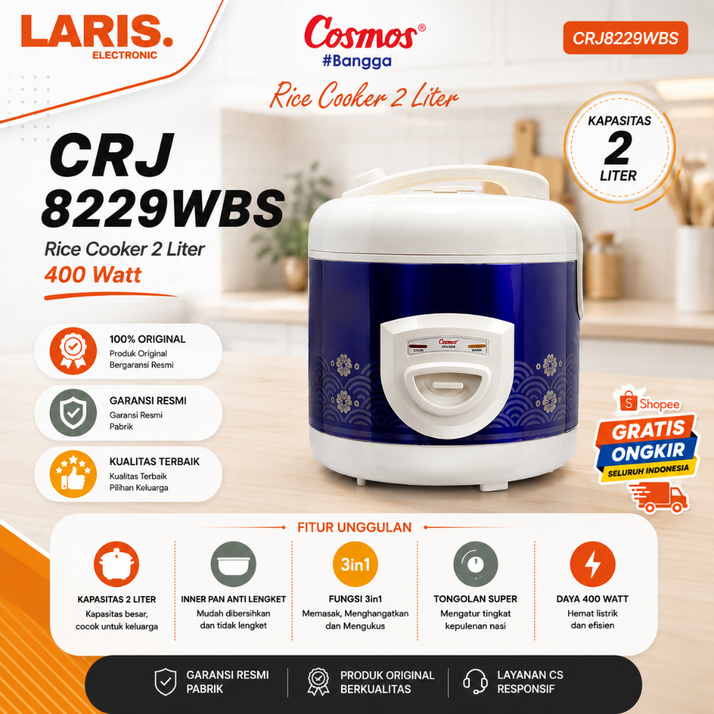 RICE COOKER NON STICK COSMOS CRJ8229WBS 2L/CRJ-8229WBS /CRJ-8229-WBS/CRJ 8229WBS/ORIGINAL BERGARANSI