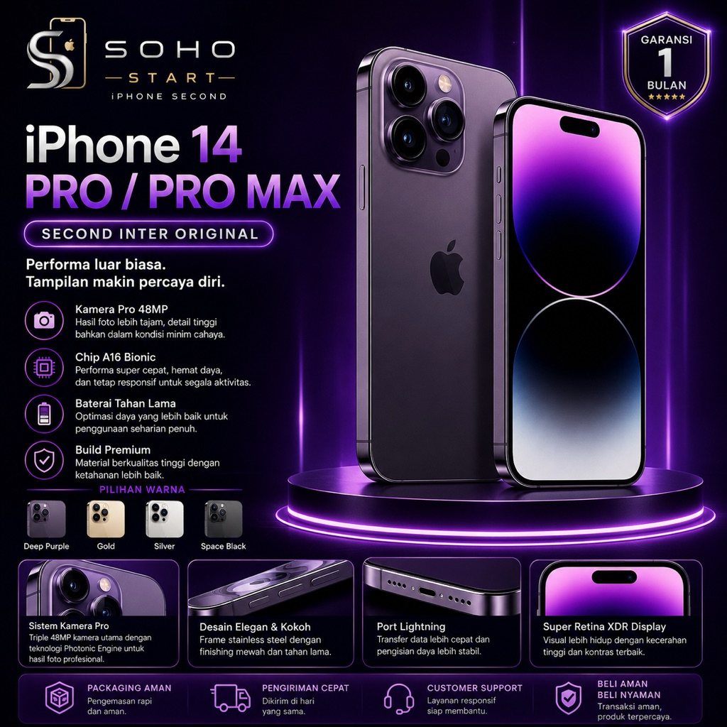 IPHONE 14 Pro Max / IP 14 Pro Second inter ProMax Normal 128GB 256GB 512GB 1TB Bekas Sohostar