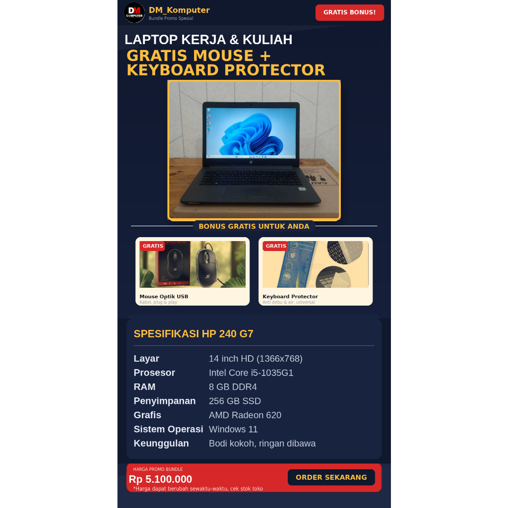 HP Notebook 240 G7, Core i5-1035G1, Ram 8/256, #Amd Radeon 620 2GB, Lengkap, Grey