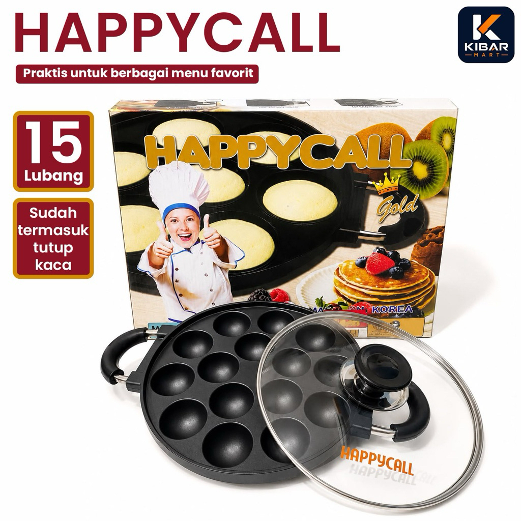 Cetakan Takoyaki Happy Call 15 Lubang Anti Lengket Tutup Kaca Cetakan Telur Congkel Kue Cubit Martab