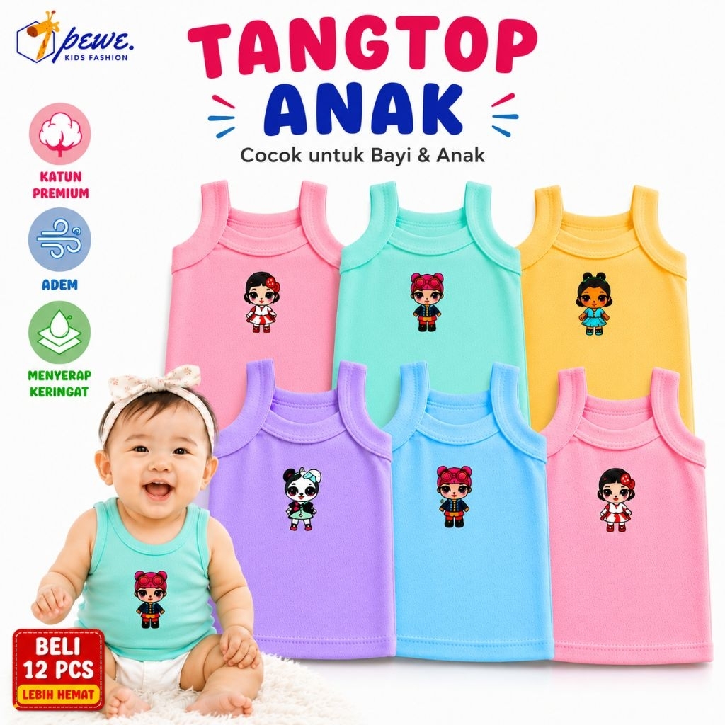 6 & 12 Pcs Tank Top Anak Perempuan Katun Tebal Usia 3–8 Tahun Warna Warni Kaos Dalam Singlet Anak Ta