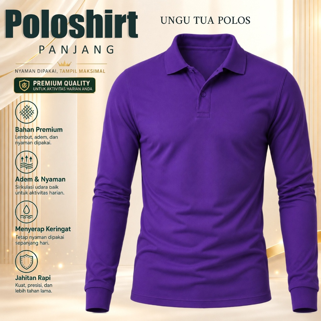Kaos Kerah Lengan Panjang Ungu Tua Polos Polo Shirt Pria Wanita S-3XL Kaos Polo Bahan Adem Kaos Prem