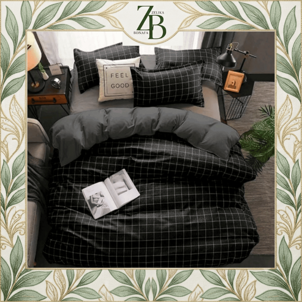 Bedcover + Sprei Set KOTAK HITAM FULL / KOMBINASI POLOS 2 WARNA Komplit 1 Set Selimut Bedcover & Spr