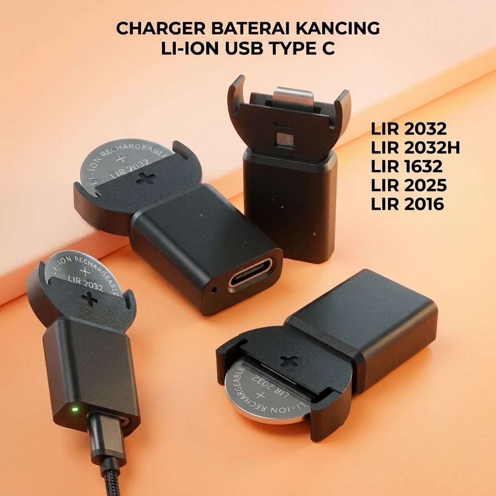 Charger Baterai Kancing Type LIR Li-Ion Rechargeable Port USB C Casan Batre Cas LIR2032 LIR2032H LIR