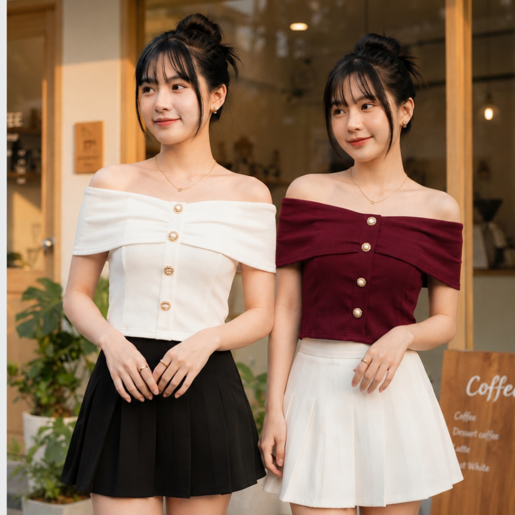 ONIQA Atasan LIORA Off Shoulder Fold Sabrina Crop Top Kaos Polos Lengan Pendek Knit Cotton Soft Kore