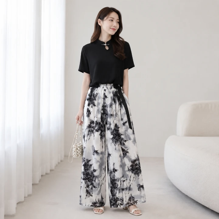 Ready Stock FADFAD.ID Setelan Dua Potong Wanita | Atasan Kerah Mandarin Lengan Pendek | Celana Kulot