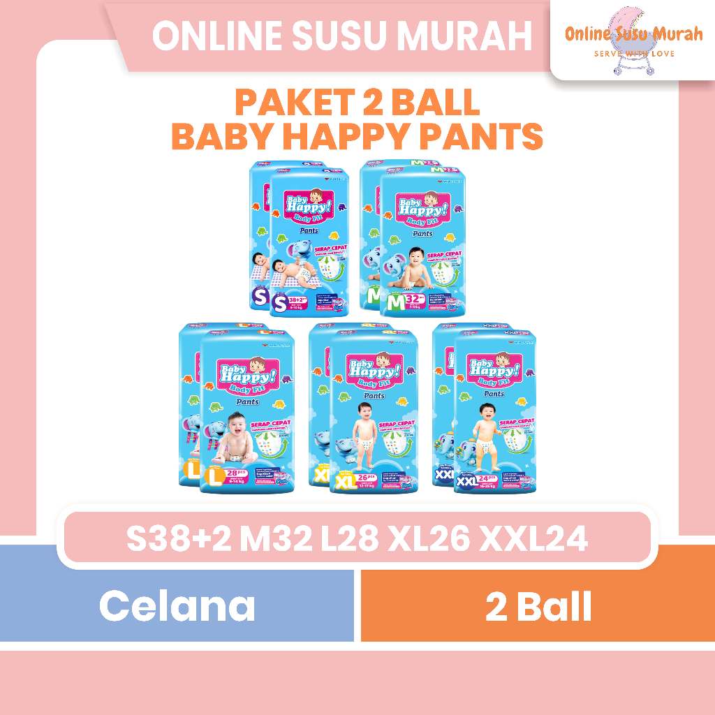 BABY HAPPY PANTS PAKET 2 BALL S 38 +2 M 32 L 28 XL 26 XXL 24 CELANA S38 +2 M32 L28 XL26 XXL24 PPKS