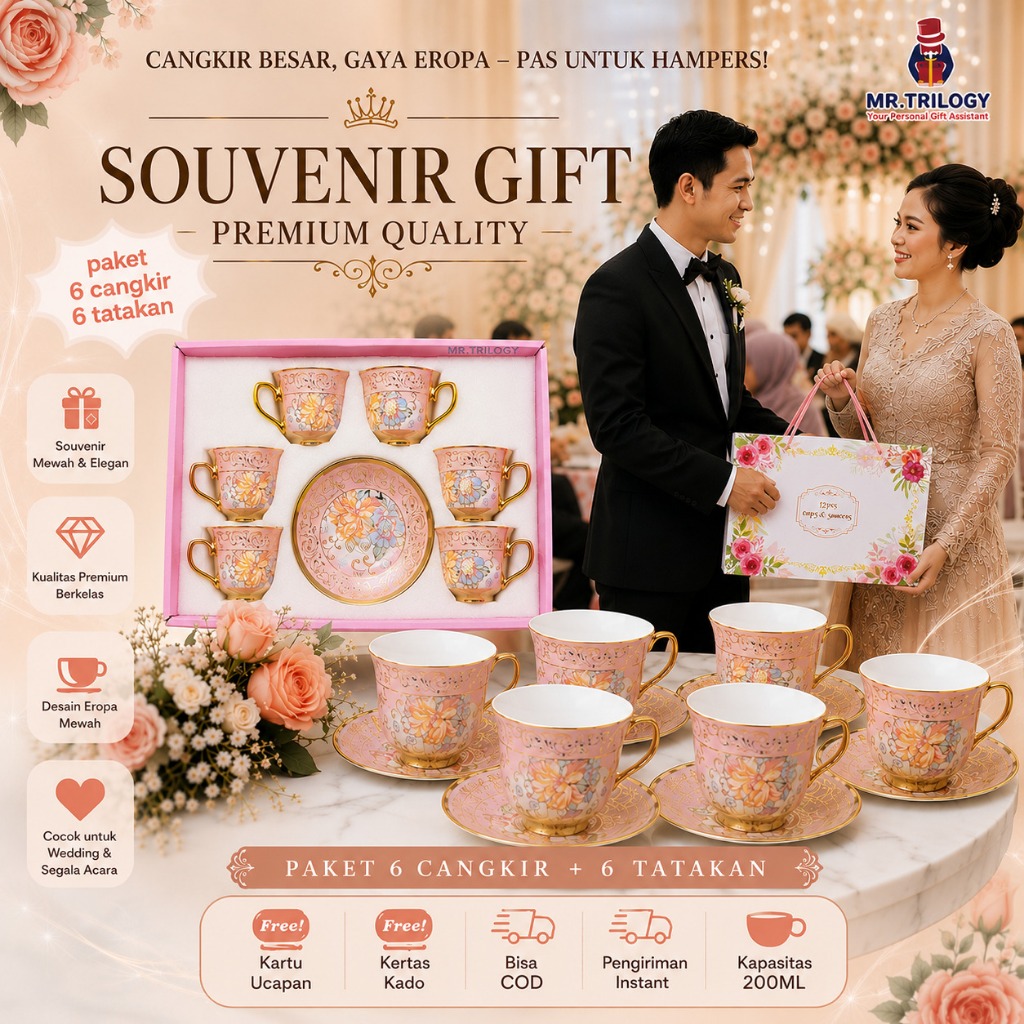 SET Hampers Cangkir Gaya EROPA LUXE XL 6 Cangkir + 6 Tatakan Kado Gelas Mug Tatakan Lepek FREE BOX H