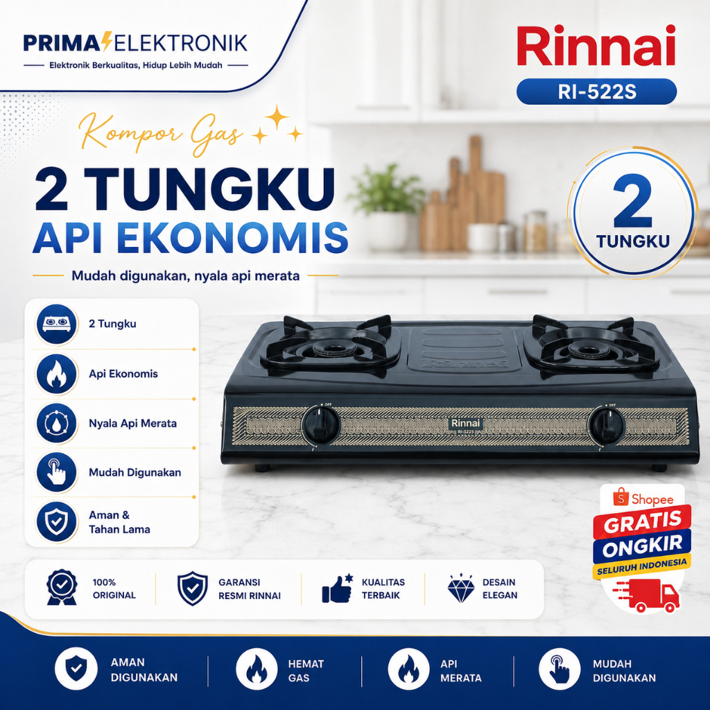 RINNAI KOMPOR GAS 2 TUNGKU RI522S Kompor Gas/RI522S/RI522 S/RI 522S/RI-522S/ORIGINAL RINNAI /GARANSI