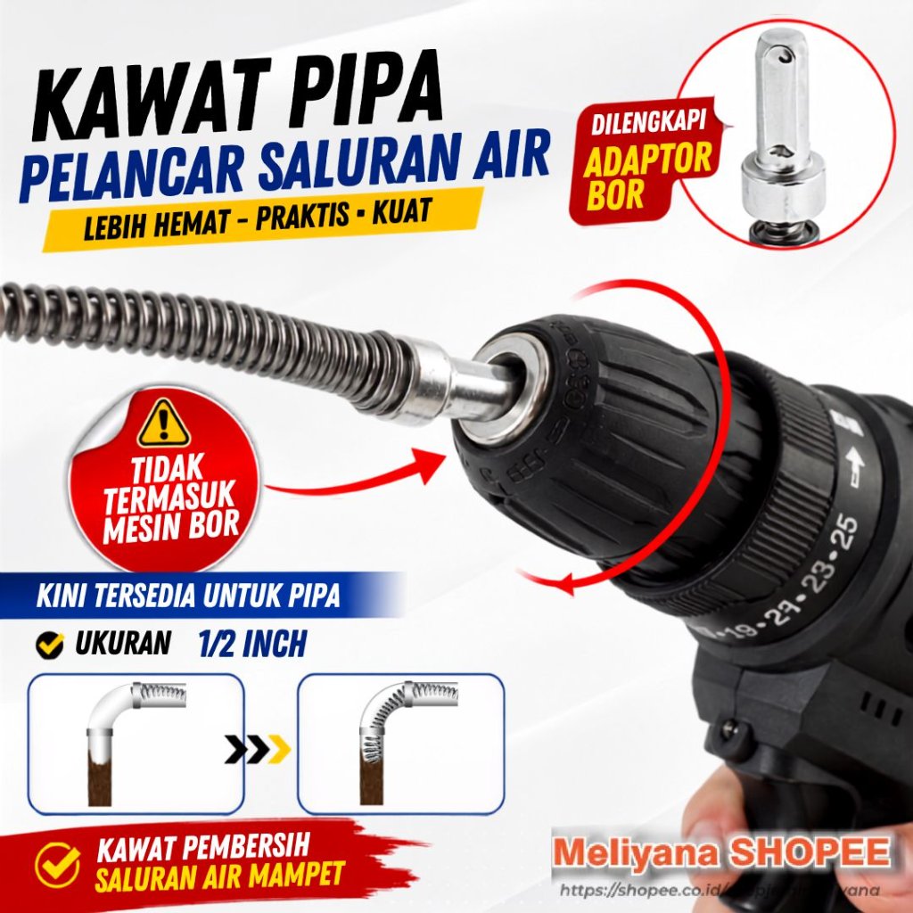 Pipe Cleaner Kawat Pembersih Saluran Pipa Mampet Dengan Adaptor Bor Kawat Pembersih Saluran Pipa Mam