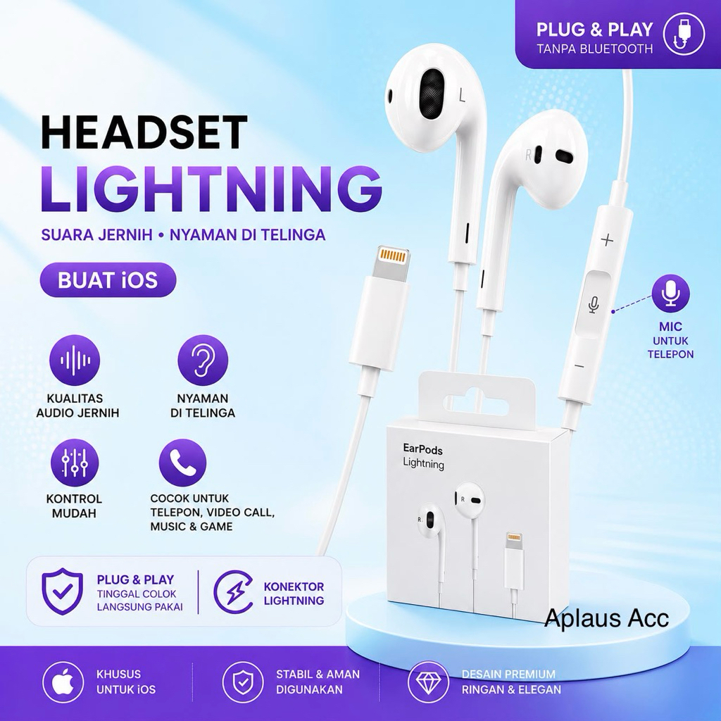 (GROSIRAN) Headset Lightning Iphone IOS Plug & Play Earphone Kabel Mic Suara Jernih Tanpa Bluetooth