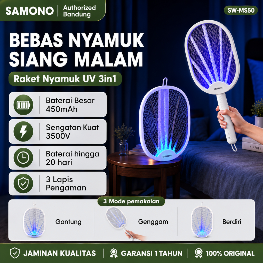 SAMONO Raket Nyamuk Elektrik 3in1 Lipat 3000V dengan 2 Lampu LED UV 368nm Raket Nyamuk Listrik Recha