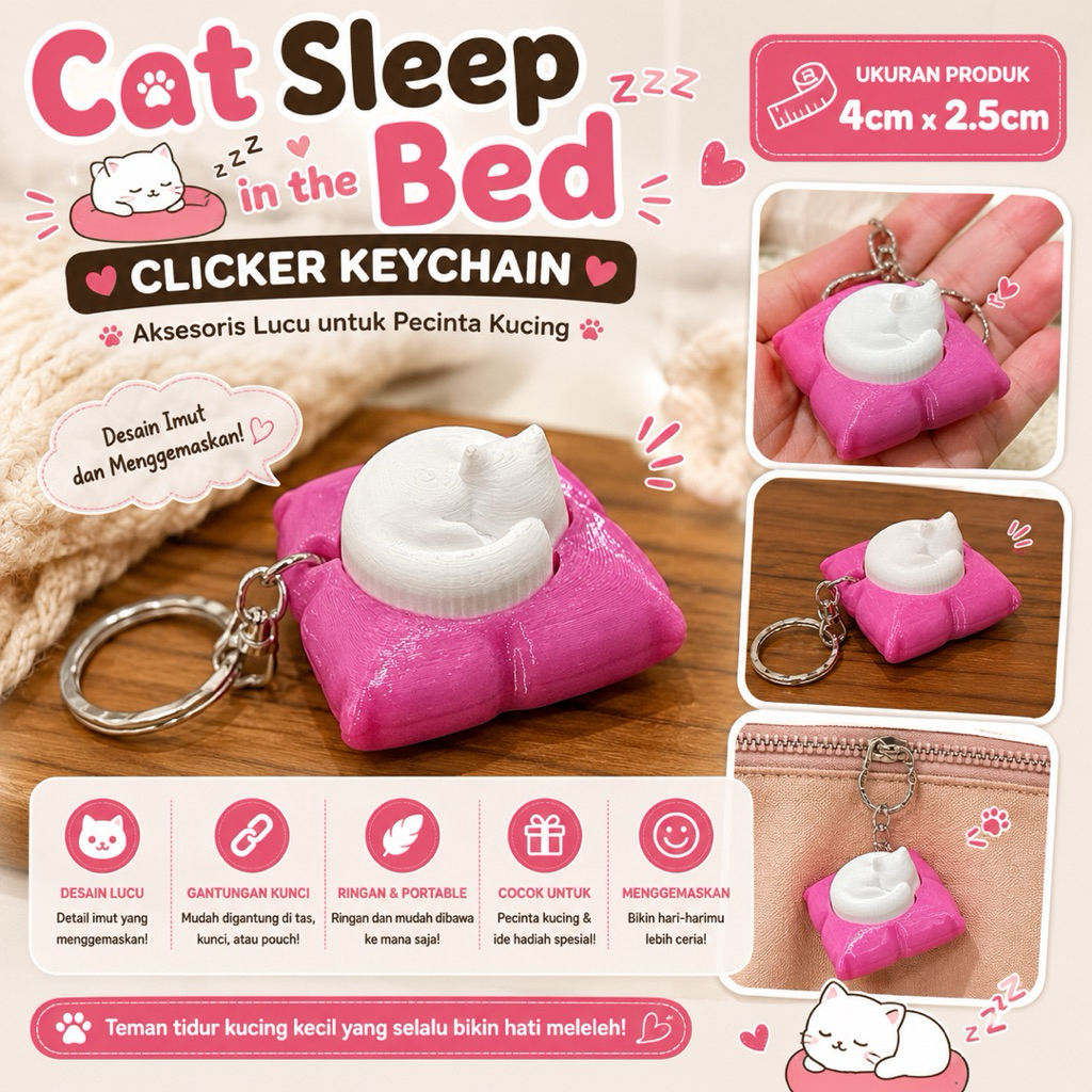 Sanco | D026 Clicker Cat Sleep In Bed 3D Art Keychain Clicker Gantungan Kunci Kucing Simulator Maina