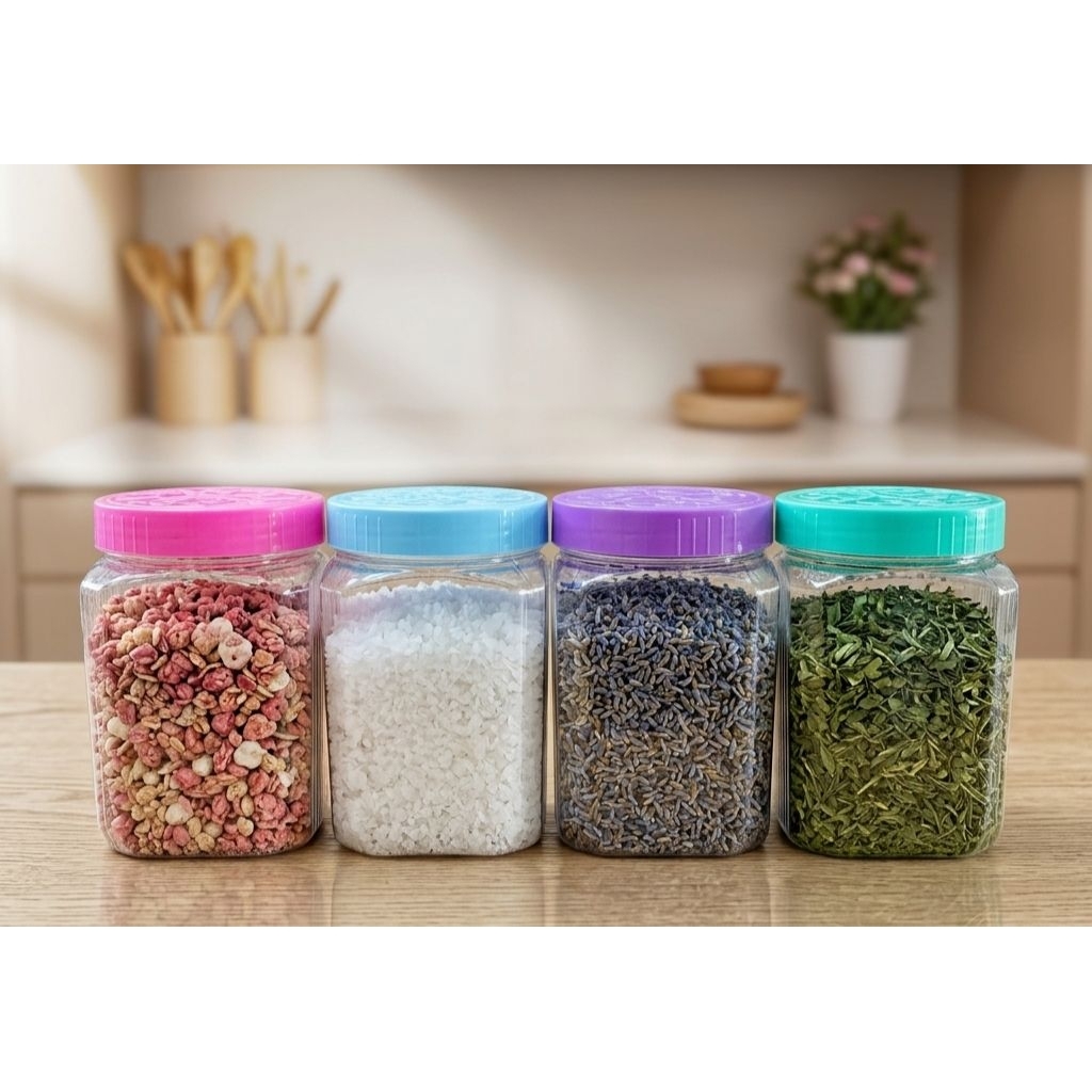 Toples Bening Kotak 1 Liter / Warna Tutup / Toples Kue Kering